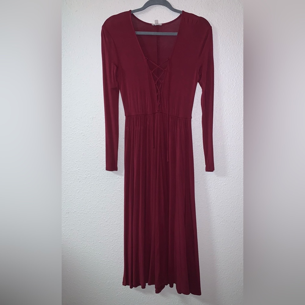 Ecote Urban outfitters burgundy lace-up maxi Dress Sz S/P full length flowy boho - Picture 3 of 11